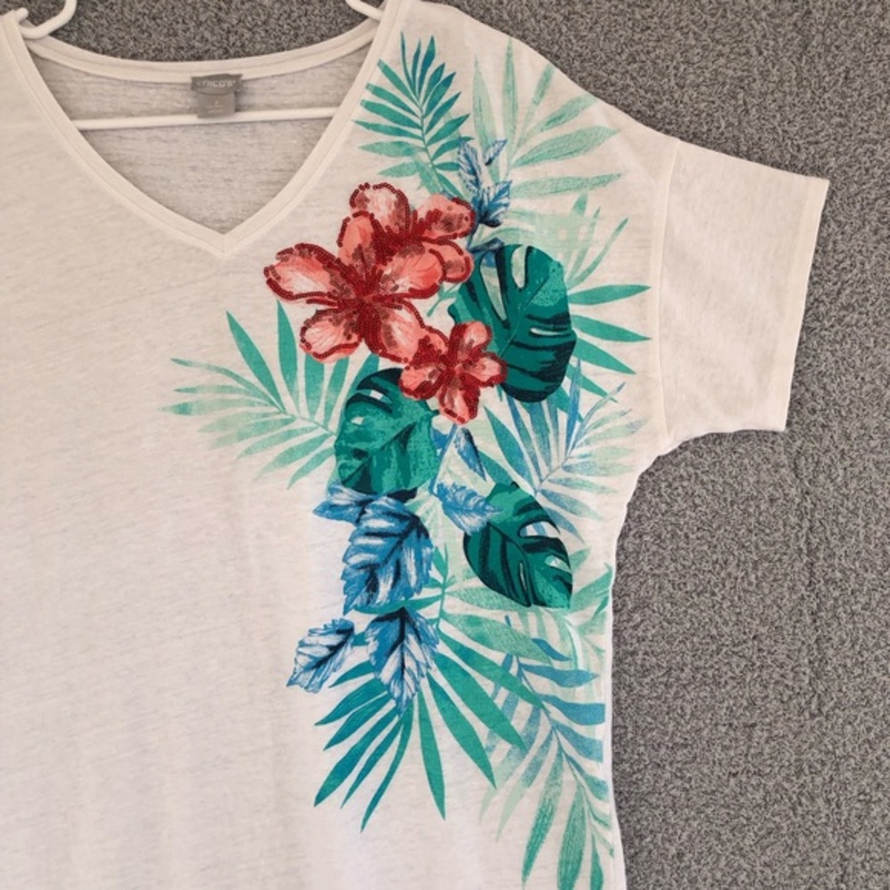 Chico's Linen Blend Floral Top Size‎ L V-Neck Short Sleeve Summer - Picture 5 of 11